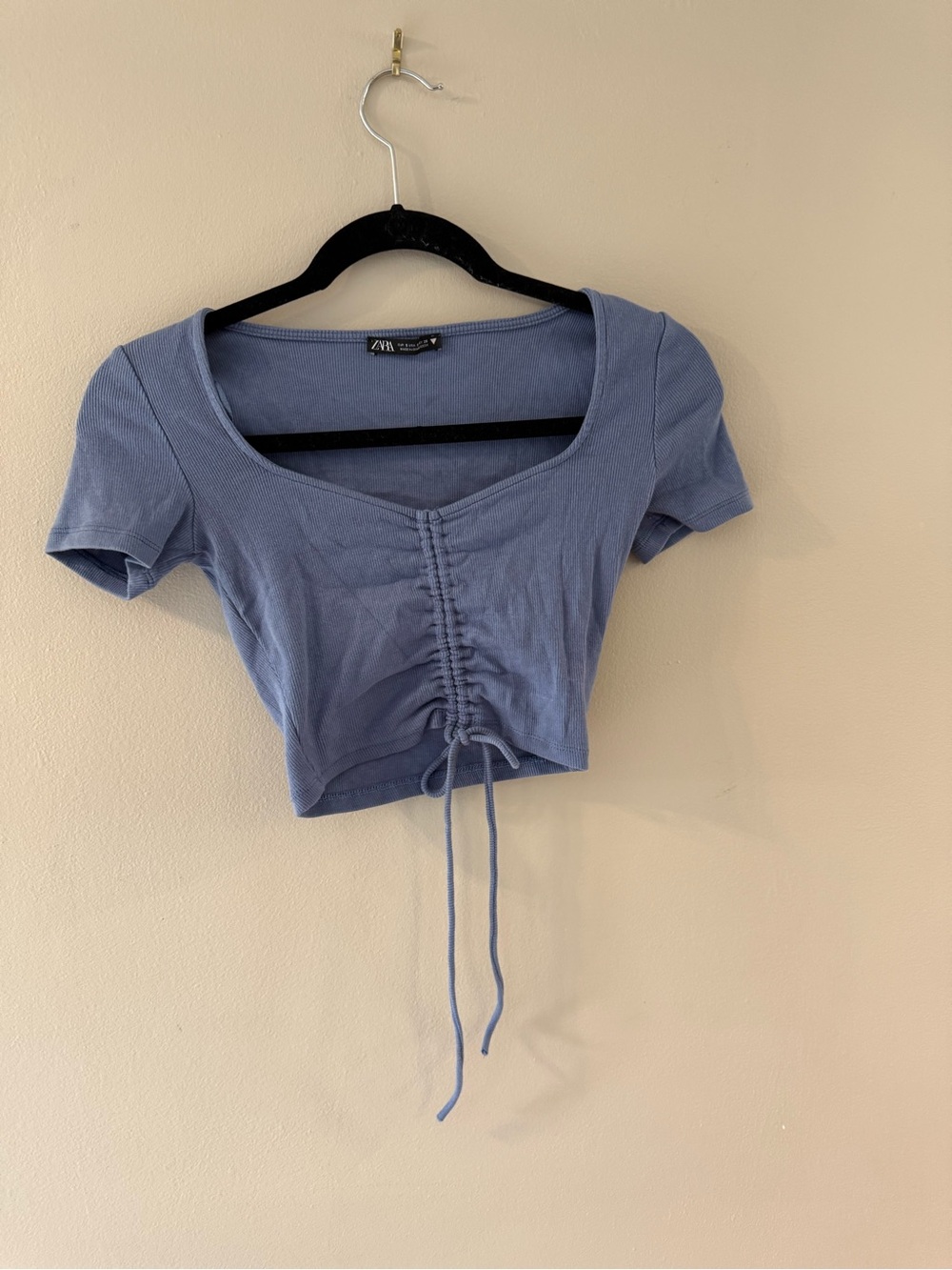 Zara Dusty Blue Ruched Tie-Front Crop Top